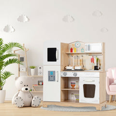 Natural Wood Play Kitchen for Kids with Light Up Stove, Blackboard Fridge and Cookware