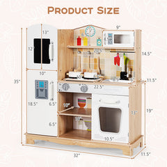 Natural Wood Play Kitchen for Kids with Light Up Stove, Blackboard Fridge and Cookware