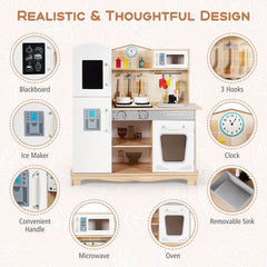 Natural Wood Play Kitchen for Kids with Light Up Stove, Blackboard Fridge and Cookware