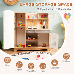 Natural Wood Play Kitchen for Kids with Light Up Stove, Blackboard Fridge and Cookware