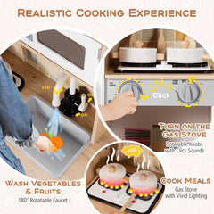 Natural Wood Play Kitchen for Kids with Light Up Stove, Blackboard Fridge and Cookware