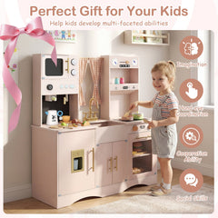 Wooden Kids Pretend Play Toy Kitchen with Microwave and Coffee Maker for Boys & Girls Ages 3+-Pink