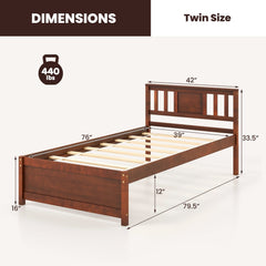 Twin Wood Platform Bed with Slatted Headboard and 12 Inch Clearance, Walnut