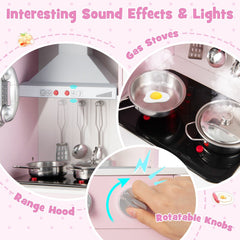 Pink Play Kitchen for Kids with Three Adjustable Heights and 16 Accessories