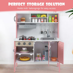 Wooden Pretend Play Kitchen Set for Toddlers-White and Pink