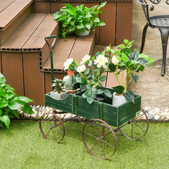 Wooden Wagon Planter in Green, Two Section Garden Cart Plant Stand with Metal Wheels