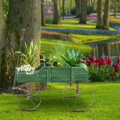 Wooden Wagon Planter in Green, Two Section Garden Cart Plant Stand with Metal Wheels