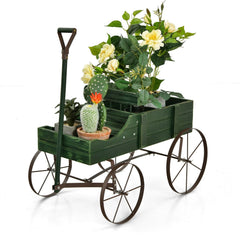 Wooden Wagon Planter in Green, Two Section Garden Cart Plant Stand with Metal Wheels