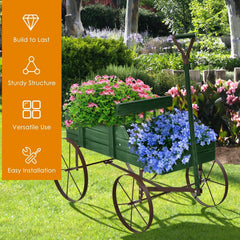 Wooden Wagon Planter in Green, Two Section Garden Cart Plant Stand with Metal Wheels