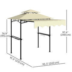 8' x 7.6' Grill Gazebo, Double Tiered Barbecue Grill Gazebo Shelter w/ Side Awning, 2 Side Shelves, 6 Hooks, Beige