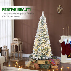 5ft Flocked Christmas Tree with Dual Colour LED Light, Pencil Hinged Xmas Tree with 11 Light Modes, Easy Assembly