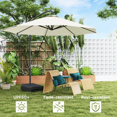 10FT Cantilever Umbrella with Fillable Base, Wind Strap and Cover, Offset Hanging Umbrella with Crank, Cream White