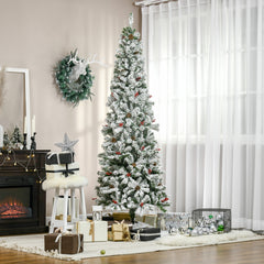 6 Foot Pencil Snow Flocked Artificial Christmas Tree with 600 Pine Realistic Branches, Pine Cones, Red Berries, Auto Open, Green
