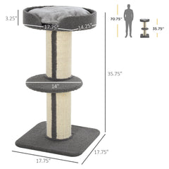 Cat Tree Kitty Tower with Sisal Mat Scratching Post, Cat Bed, Cushion, Perch, 18" x 18" x 36", Brown