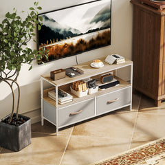 TV Stand with Charging Station, TV Table with 2 Foldable Linen Drawers and Open Shelf for 47 Inch Television, Black