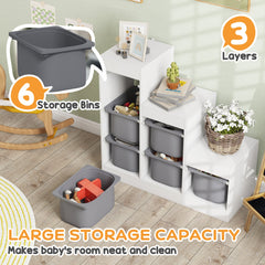 3 Layers Toy Storage Organizer Kids Bookshelf Children Toy Storage w/ 6 Plastic Bins, Green