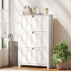 Slim Shoe Cabinet with 3 Flip Drawers, Shoe Storage Cabinet with Adjustable Shelves for Entryway, Holds 12 Pairs, White