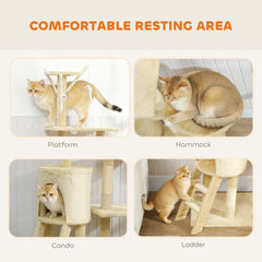 53" Cat Tree Tower, Kitten Activity Centre with Scratching Posts, Condo, Perches, Ladder, Hammock, Dangling Toys, Grey