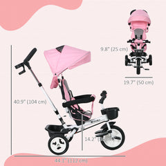 6 in 1 Toddler Tricycle with Parent Push Handle, Canopy, Storage Baskets, Cupholder, Dark Blue