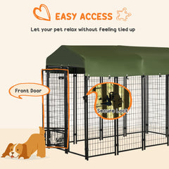 Outdoor Dog Kennel, Lockable Pet Playpen Crate, Welded Wire Steel Fence, Rotating Bowl Holders, Green