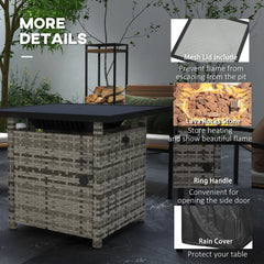 Outdoor PE Rattan Propane Fire Pit Table, 50,000 BTU Pulse-Ignition Wicker Fire Table, Mixed Grey