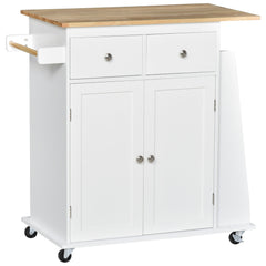 Rolling Kitchen Island Trolley Storage Cart with Rubber Wood Top, 3-Tier Spice Rack, Towel Rack Home Kitchen Carts, White
