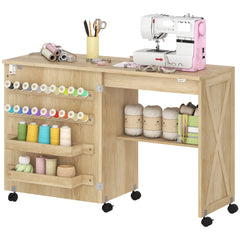 Sewing Machine Table on Wheels, Folding Craft Table with 2 Bins, Storage Shelf, 18 Pegs, Lockable Wheels, Brown