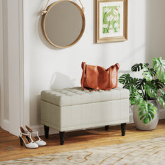 Storage Ottoman, Linen Fabric End of Bed Bench with Soft Close Lid, Button Tufted Storage Bench for Living Room, Entryway or Bedroom, 42" x 17" x 19", Beige