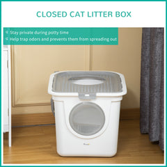 Enclosed Cat Litter Box, Easy Cleaning Kitty Litter Box with Front Entrance, Top Exit, Scoop, White