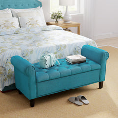 50 Inches Storage Ottoman, Upholstered Bedroom Bench with Rolled Arms and Button Tufted Storage, Light Grey