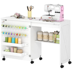 Sewing Machine Table on Wheels, Folding Craft Table with 2 Bins, Storage Shelf, 18 Pegs, Lockable Wheels, Brown