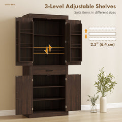 72" Kitchen Pantry Cabinet, Farmhouse Kitchen Storage Cabinet with 4 Barn Doors, 6 Door Shelves, Drawer, Black