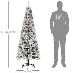 6 Foot Pencil Snow Flocked Artificial Christmas Tree with 600 Pine Realistic Branches, Pine Cones, Red Berries, Auto Open, Green