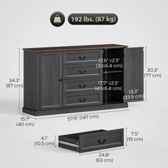 Farmhouse Sideboard with Charging Station, 58" Buffet Cabinet, Kitchen Storage Cabinet with 4 Drawers, 2 Doors, Black