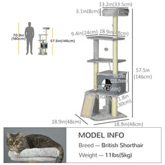 57.5" Cat Tree with Scratching Posts, Large Cat Tower for Indoor Cats with Bed, House, Toys, Grey