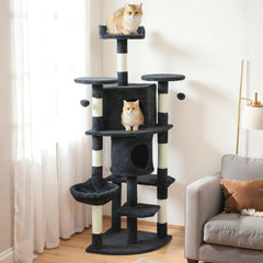 62" Cat Tree with Scratching Post, 2 Condos, Hammock, Perches, Plush, Pompoms, for Indoor Cats, Beige