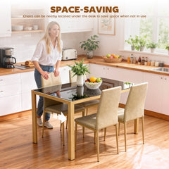 5-Piece Rectangular Glass Kitchen Table and Chairs with Metal Frame and Faux Leather Upholstery for Dining Room, Black