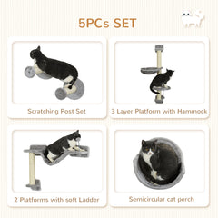 5PCs Cat Wall Shelves with Hammock, Scratching Posts, Perches, Ladder, for Indoor Cats, Light Grey