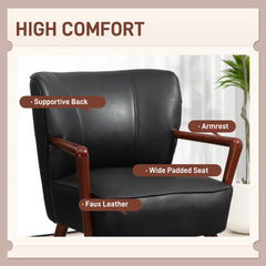 Accent Chair, Modern Armchair, Faux Leather Upholstered Living Room Chair with Wood Legs and Wide Padded Seat, Black