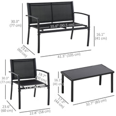 4-Piece Patio Furniture Set with Glass Top Coffee Table, Breathable Mesh Seat & Backrest for Garden, Balcony, Black