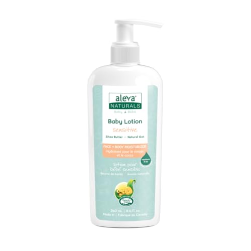 Aleva Naturals Baby Face & Body Lotion, Daily Moisturizer for Very Dry, Sensitive & Eczema-Prone Skin, 99.6% Natural with Shea Butter, Oatmeal, Sweet Almond Oil & Jojoba, Lightweight, Non-Greasy, Fast-Absorbing, Made in Canada - 240ml