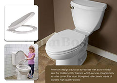 PlumBoss E2000 Elongated Toilet Seat with Built in Potty Training Toddlers Seat Magnetic Kids Seat Fits Both Adult and Child Plastic Off White