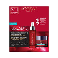 L'Oreal Paris Anti Aging Skincare Kit with Glycolic Acid Serum + Day Moisturizer for Face, Even Skin Tone, Revitalift Triple Power Lzr, Fragrance Free, Paraben Free, Dermatologist Tested, 2 piece kit