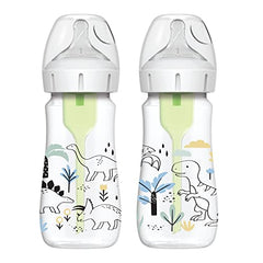 Dr. Brown's Natural Flow Anti-Colic Options+ Wide-Neck Baby Bottle Designer Edition Bottles, Dino Decos, 9oz/270mL, Level 1 Nipple, 2-Pack, 0m+