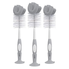 Dr. Brown's Reusable Sponge Baby Bottle Cleaning Brush Set with Suction Cup Stand, Scrubber and Nipple Cleaner, Gray, 3 Pack