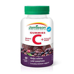 Jamieson Vitamin C + Immune Shield, 60 Gummies, Natural Elderberry Flavour. With Elderberry and Zinc. Supports Immune Health, Relieves Early Cold Symptoms, Family Friendly (3+)