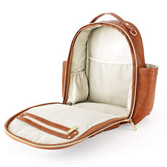 Itzy Ritzy Mini Diaper Bag Backpack & Chic Mini Diaper Bag Backpack with Vegan Leather Changing Pad, 8 Total Pockets (4 Internal and 4 External), Grab-Top Handle and Rubber Feet, Cognac