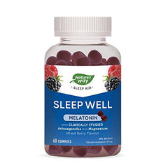 Nature's Way Sleep Well Gummies – Melatonin, Magnesium & Clinically Studied Ashwagandha Supplement, Sleep Aid & Jet Lag Support for Adults, Natural Mixed Berry Flavour, 60 Vegetarian Gummies