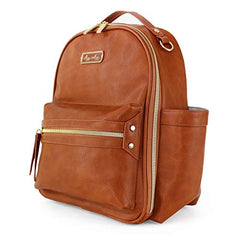 Itzy Ritzy Mini Diaper Bag Backpack & Chic Mini Diaper Bag Backpack with Vegan Leather Changing Pad, 8 Total Pockets (4 Internal and 4 External), Grab-Top Handle and Rubber Feet, Cognac