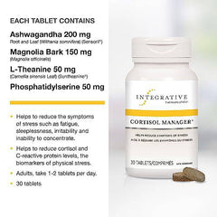 Cortisol Manager - Integrative Therapeutics - Helps Reduce Stress Symptoms and Cortisol Levels with Ashwagandha, Magnolia and L-Theanine - 30 Vegetarian Tablets